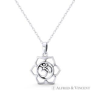 Lotus Flower & Om Aum Symbol Hindu Charm in Oxidized .925 Sterling Silver